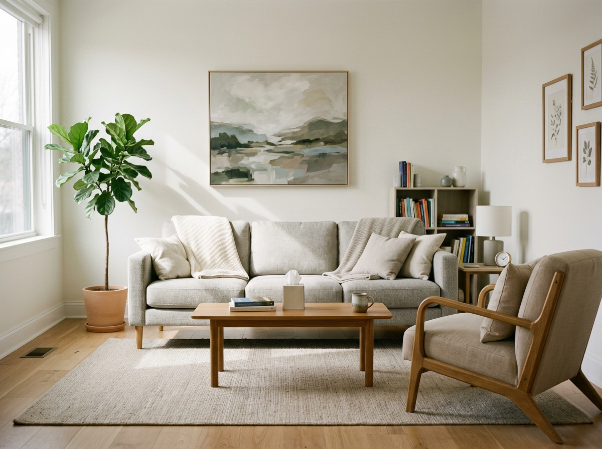 Living room with a large window, light-colored sofa with cushions, a wooden coffee table with books and a tissue box, an armchair, a bookshelf with books and decorative items, a table lamp, and framed botanical art on the wall.