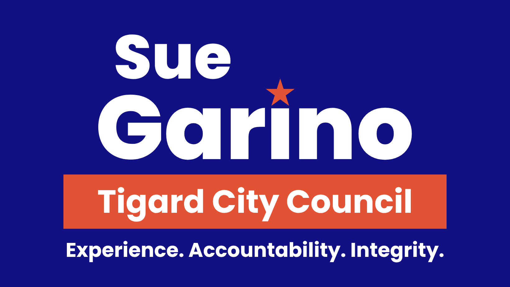 Campaign sign for Sue Garing, candidate for Tigard City Council, with the slogan 'Experience. Accountability. Integrity.' on a blue background.