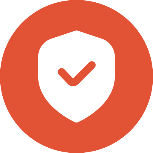 A white shield with an orange checkmark inside, set against a red circular background.