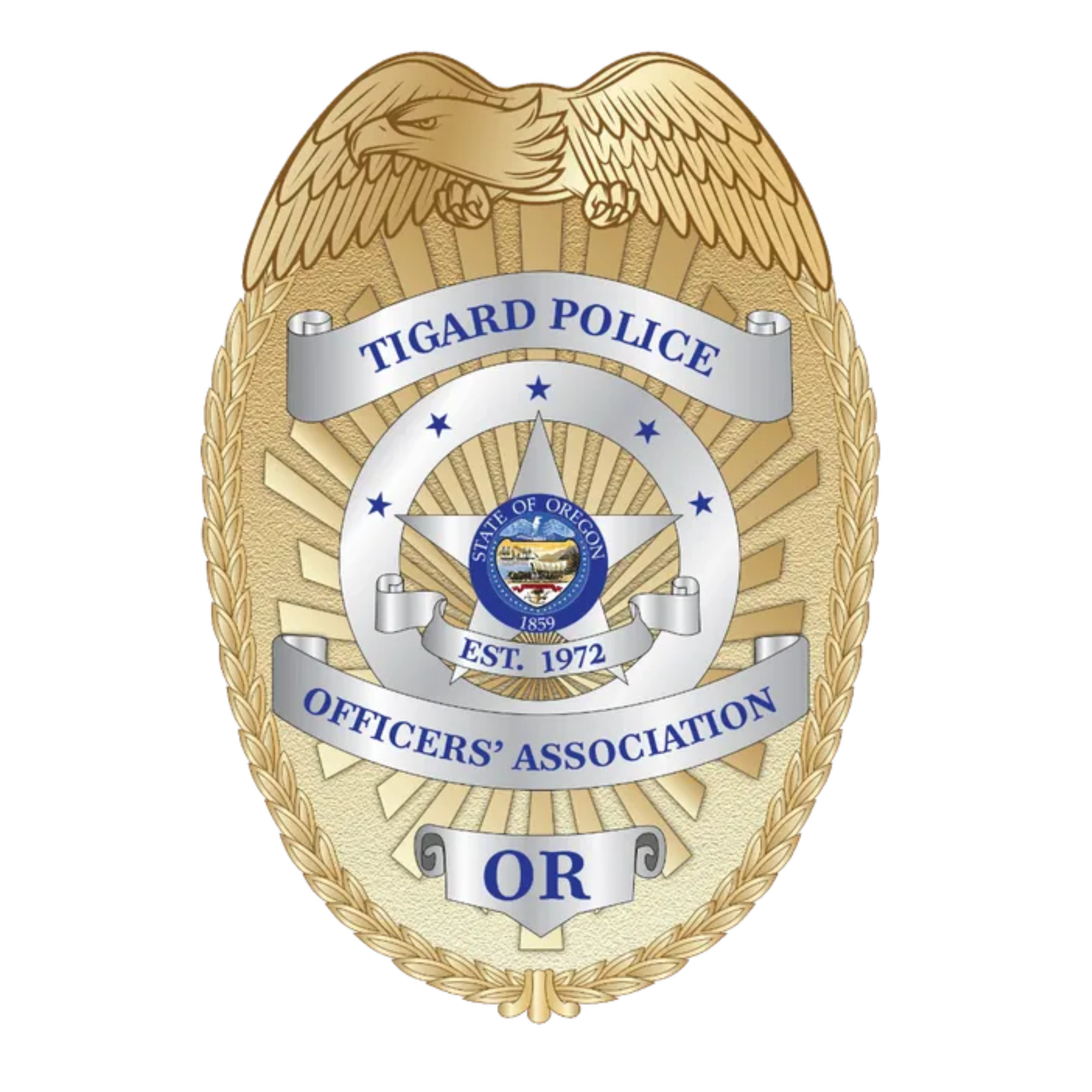 Official seal or badge with a golden eagle on top, the words 'Tigard Police' and 'Officers' Association' encircling the seal, and the abbreviation 'OR' inside a ribbon at the bottom.