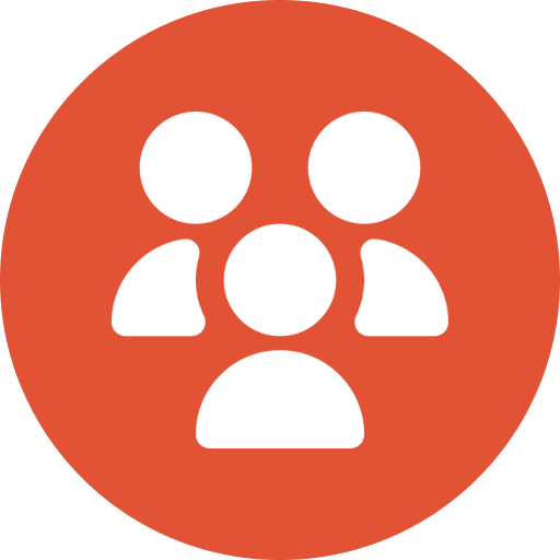 Icon of three white human silhouettes on a red circular background, representing a group or community.