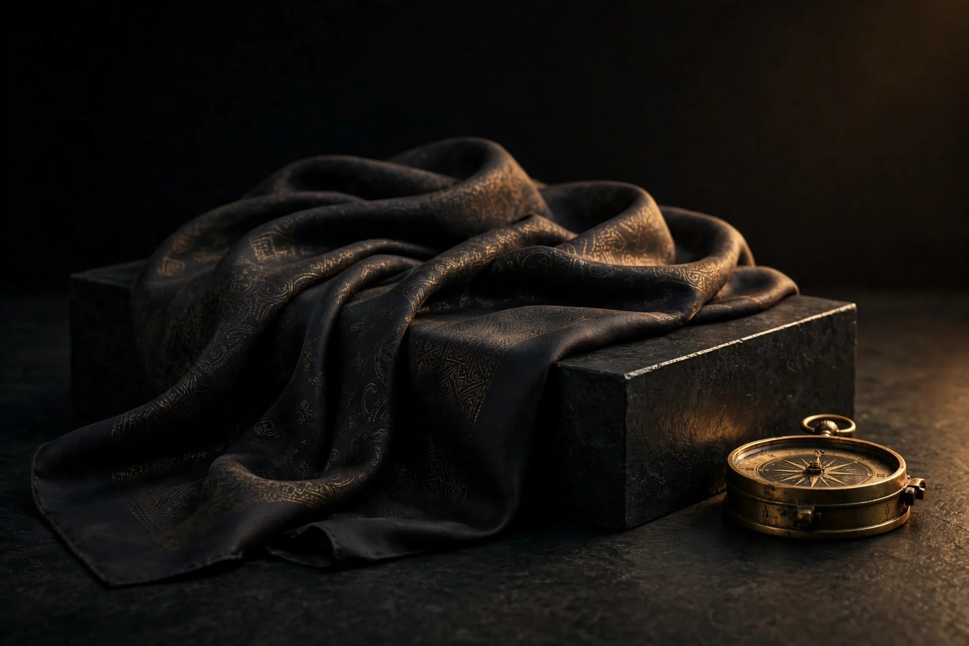 Guinness Atticus shop still life — dark fabric, compass and curated objects