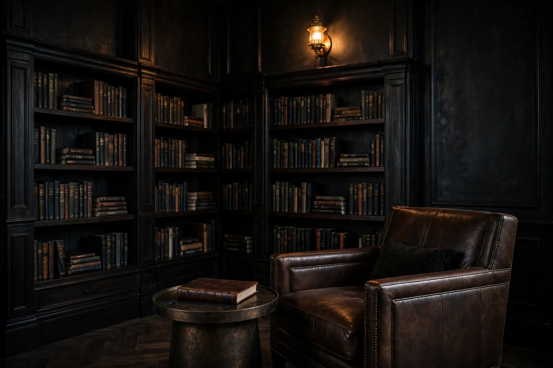 GA Living interior, library with leather chair in dark luxury