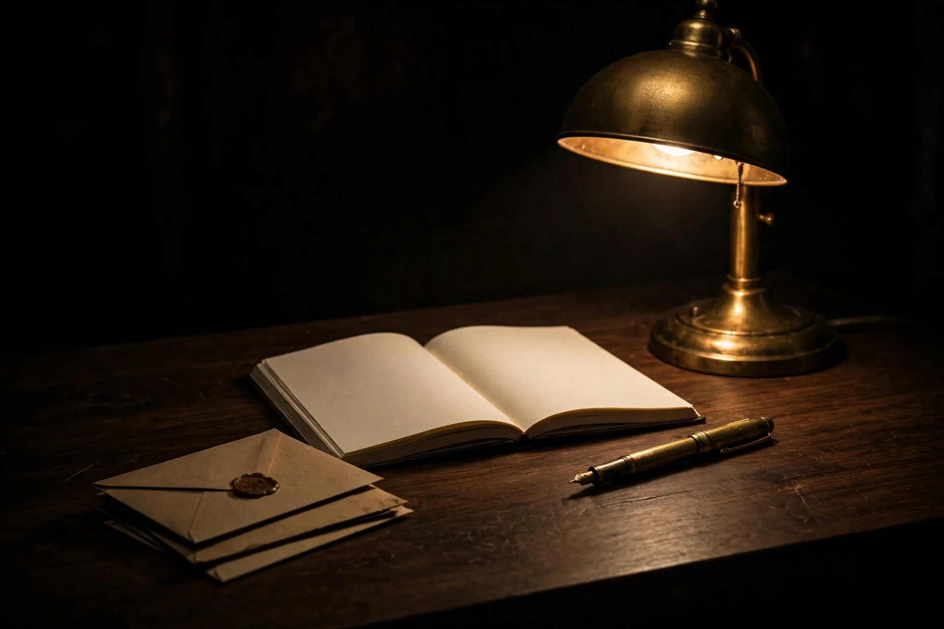 The Edit editorial desk, lamp and notebook in dark study