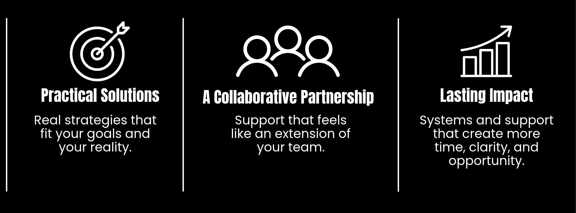 Three sections highlighting benefits: Practical Solutions with a target icon, A Collaborative Partnership with a group of people icon, Lasting Impact with an upward trending graph icon. Each section contains a brief description.