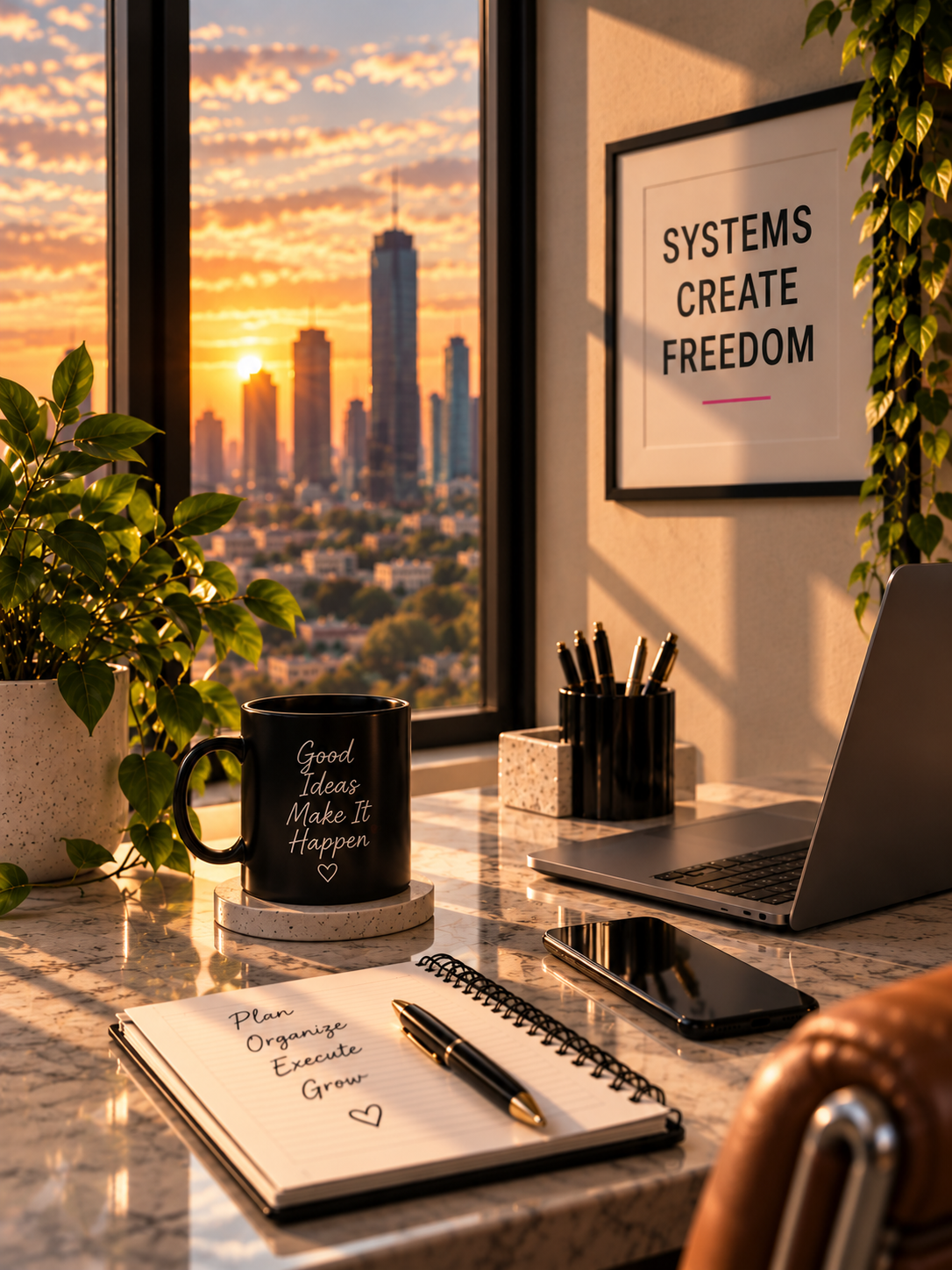 Office desk with a potted plant, a black mug with the message 'Good Ideas Make It Happen,' a notebook with goals listed, pens, a smartphone, an open laptop, and a city skyline view through the window at sunset. There is a framed quote that reads 'Systems Create Freedom' and some greenery on the wall.
