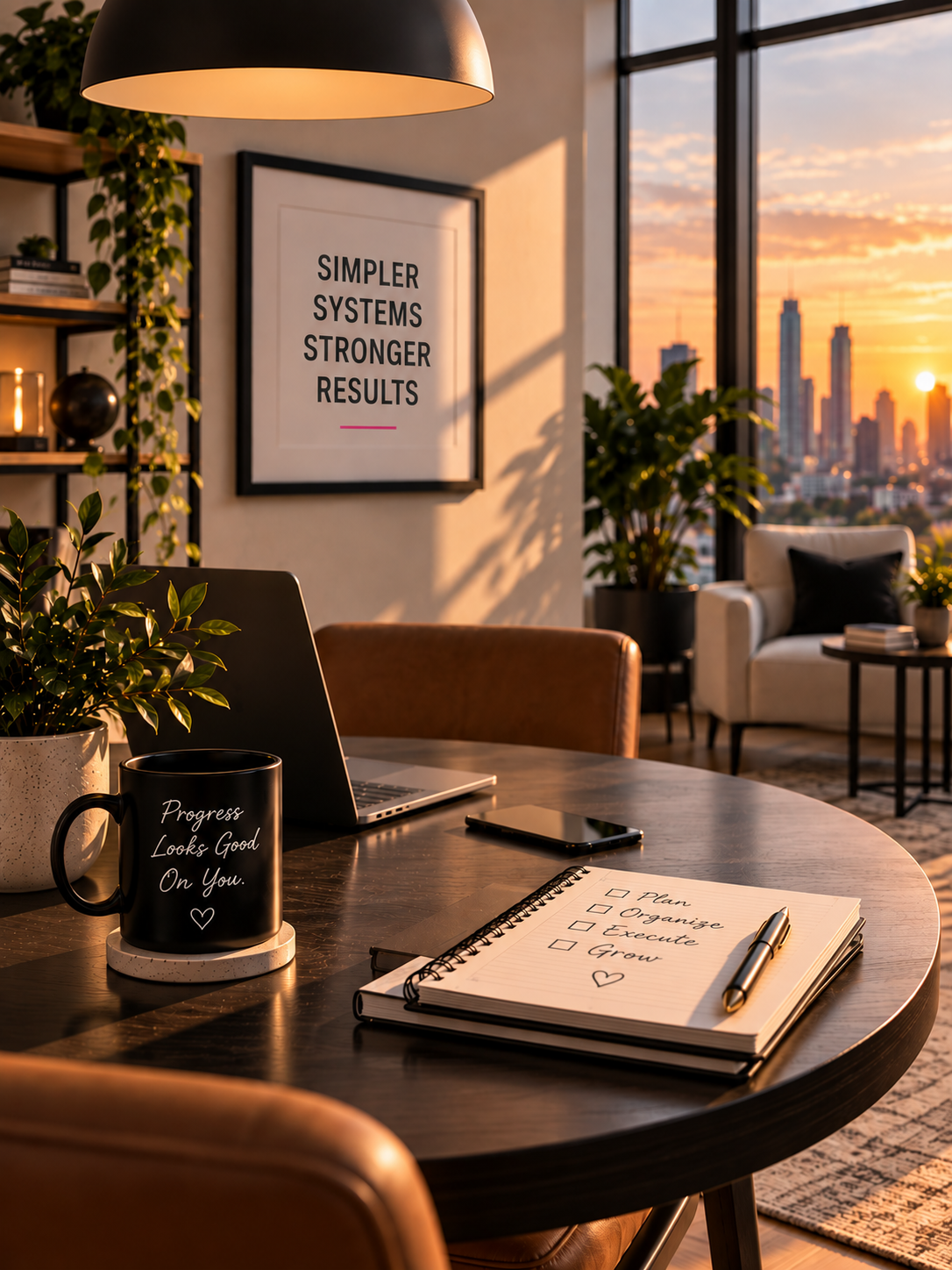 Sunset view of a modern office space with a round wooden table, laptop, notebook, pen, mug reading 'Progress Looks Good on You,' indoor plants, and a framed poster that says 'Simpler Systems Stronger Results,' with floor-to-ceiling windows showing a city skyline.