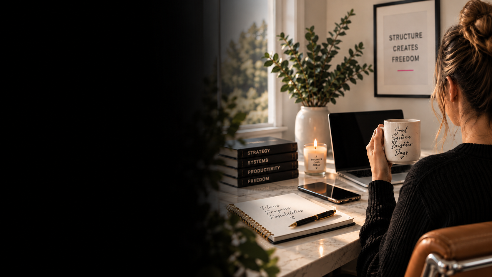 A woman sitting at a desk holding a white mug with the words "Good Systems Brighter Days" written on it, in a cozy, well-lit home office with indoor plants, books, a candle, a laptop, a phone, and an open notebook with handwritten notes.
