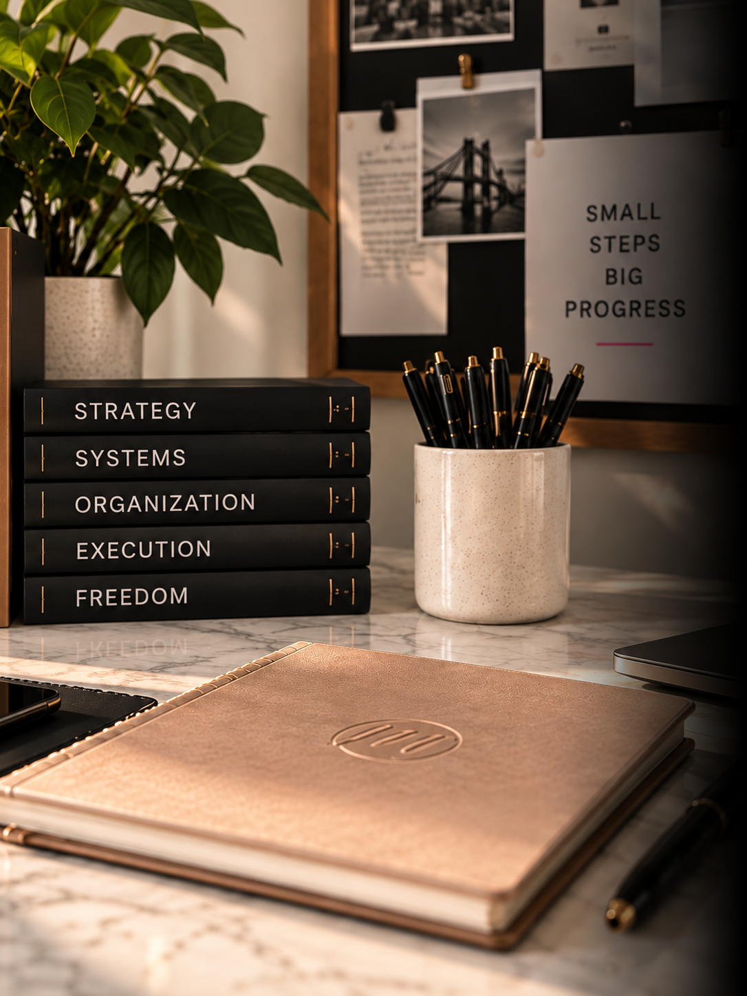 A workspace desk with a closed pink HP notebook, a black laptop, a pen, and stacked black books titled 'Strategy,' 'Systems,' 'Organization,' 'Execution,' and 'Freedom.' There is a white textured pot with black pens, a framed corkboard with photos and notes, a potted plant, and a white poster with the text 'Small Steps Big Progress' in the background.