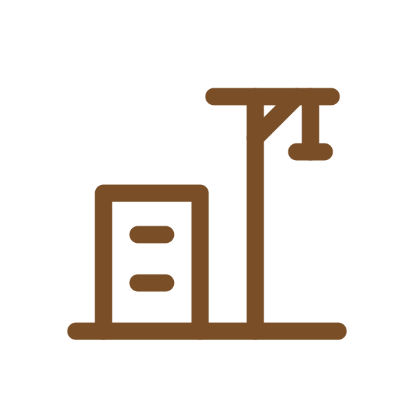Brown icon of an elevator beside a flagpole on a black background