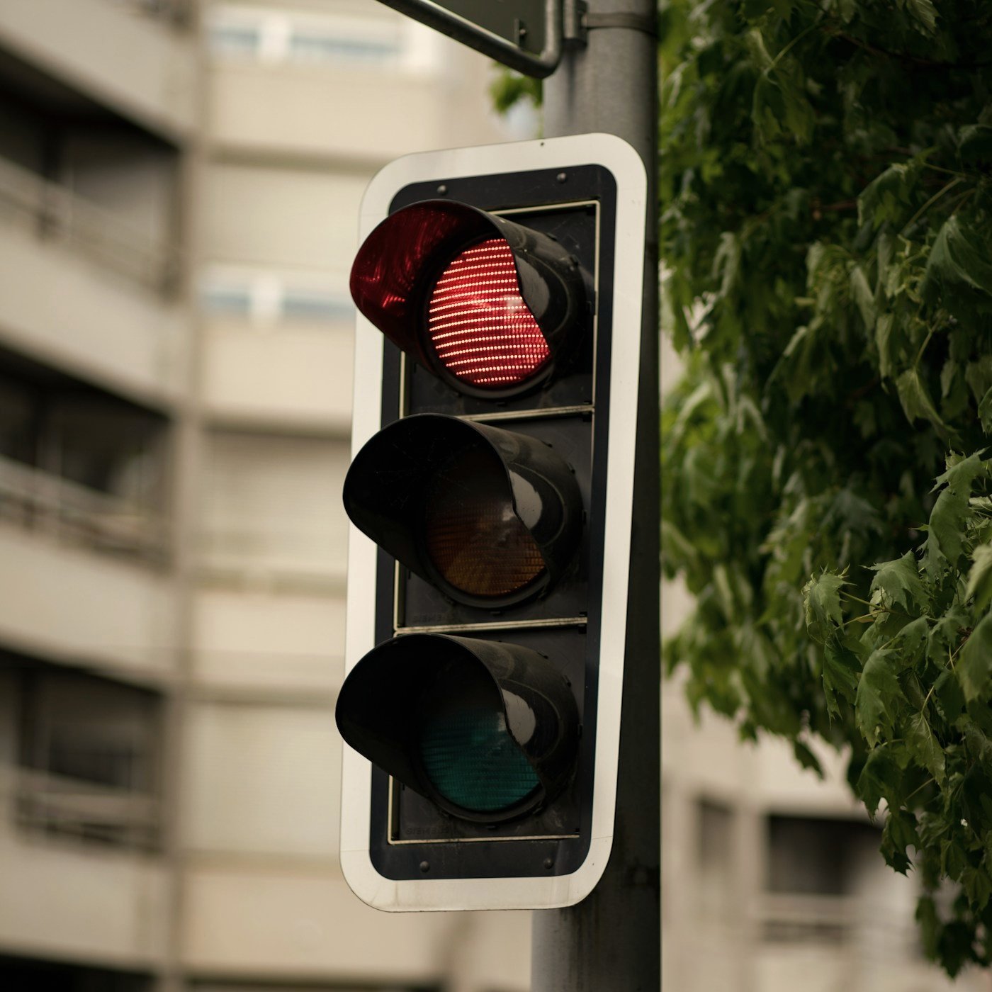 Close-up of a red traffic light illuminated on a city street, with green foliage and buildings in the background.