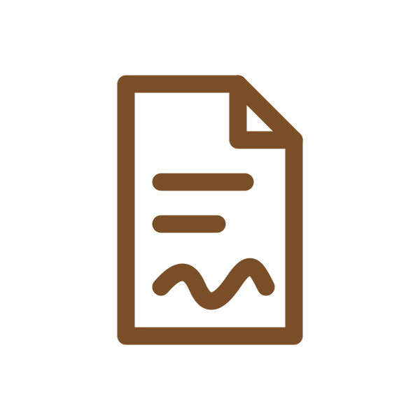 Brown document icon with a folded corner, text lines, and a signature mark
