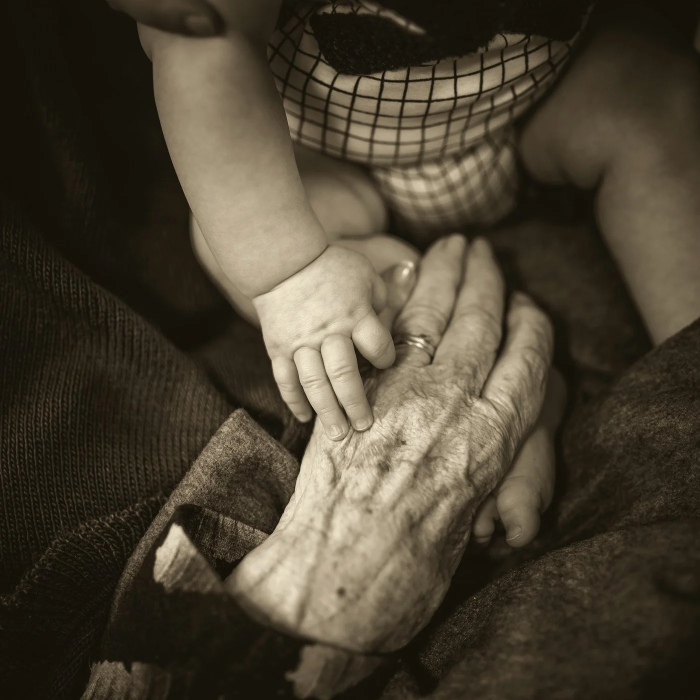 Sepia-toned close-up of a baby's hand resting on an elderly person's wrinkled hand.