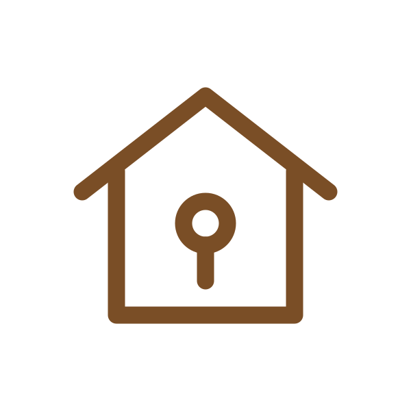 Brown outline of a house with a keyhole-shaped door lock symbol on a black background