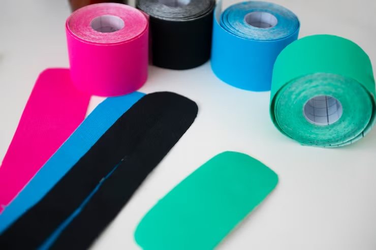 Colorful kinesiology tape rolls and strips in pink, black, blue, and green on a white surface.
