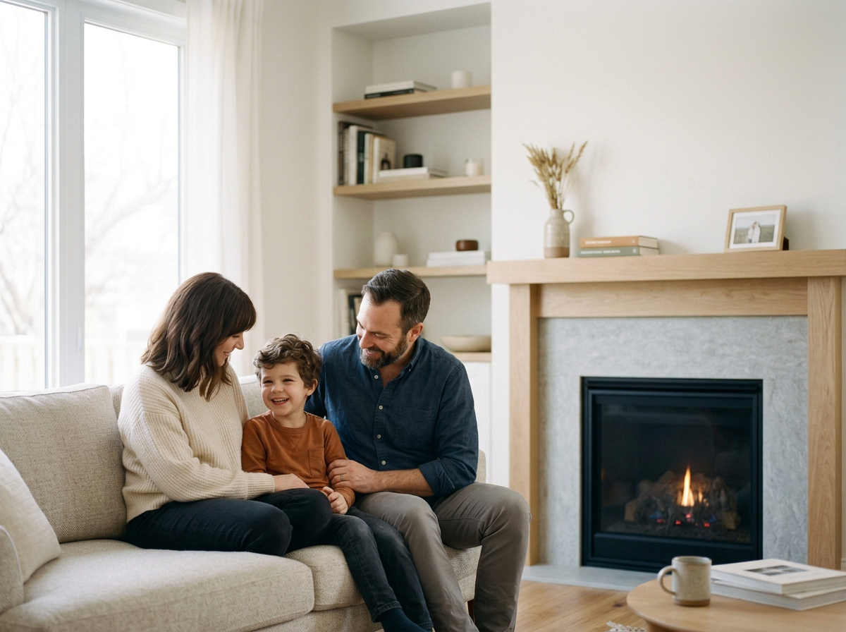 A family of three sitting on a beige sofa in a cozy living room, smiling and laughing together. A fireplace with a small fire is on their right, and a round wooden coffee table with a mug and books is in front of them. Large windows with white curtains let in natural light.