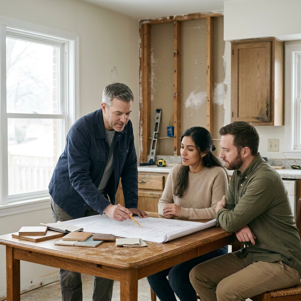 A man standing and pointing at a blueprint on a wooden table while a young couple listens attentively inside a partially renovated kitchen.
