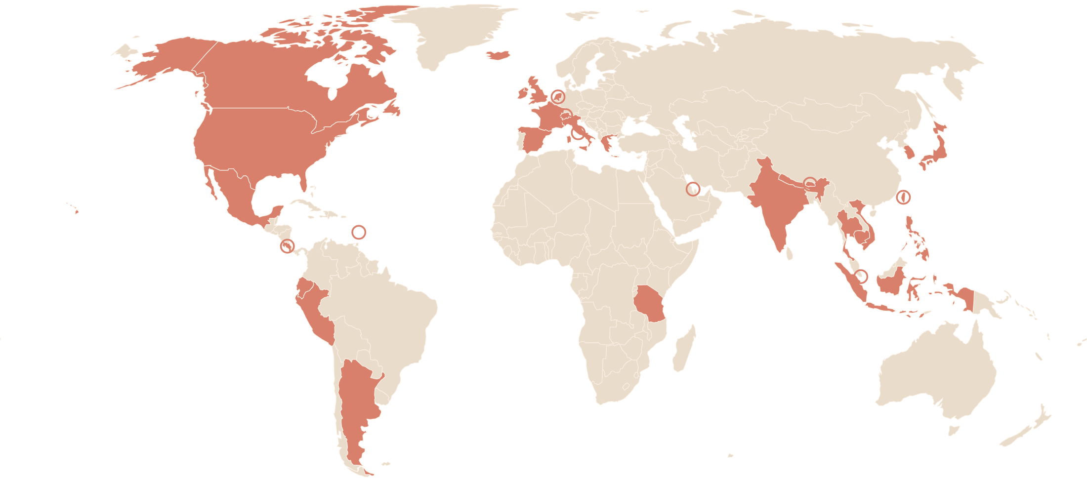 A world map highlighting countries in North America, Europe, Africa, Asia, and Oceania in red, indicating select regions.