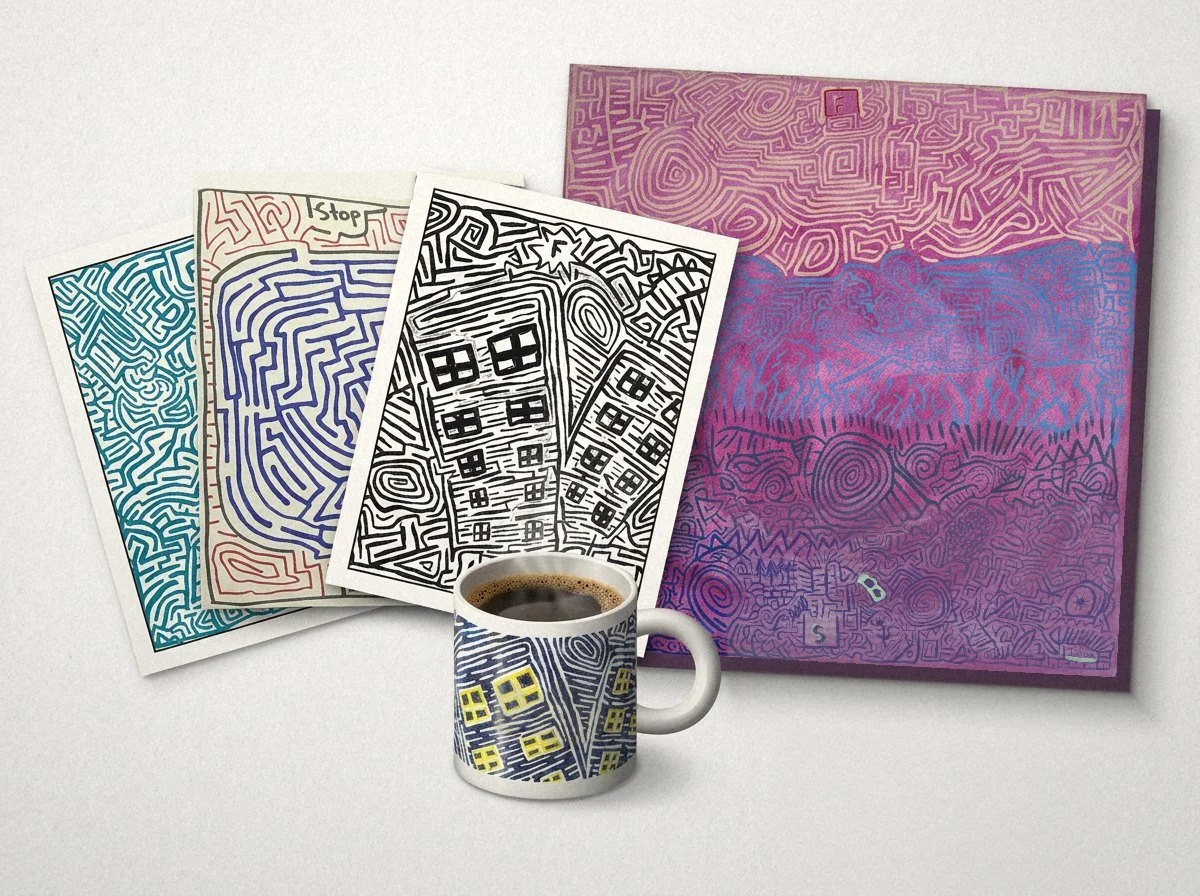 Hand-drawn maze art by Mazing By Josh