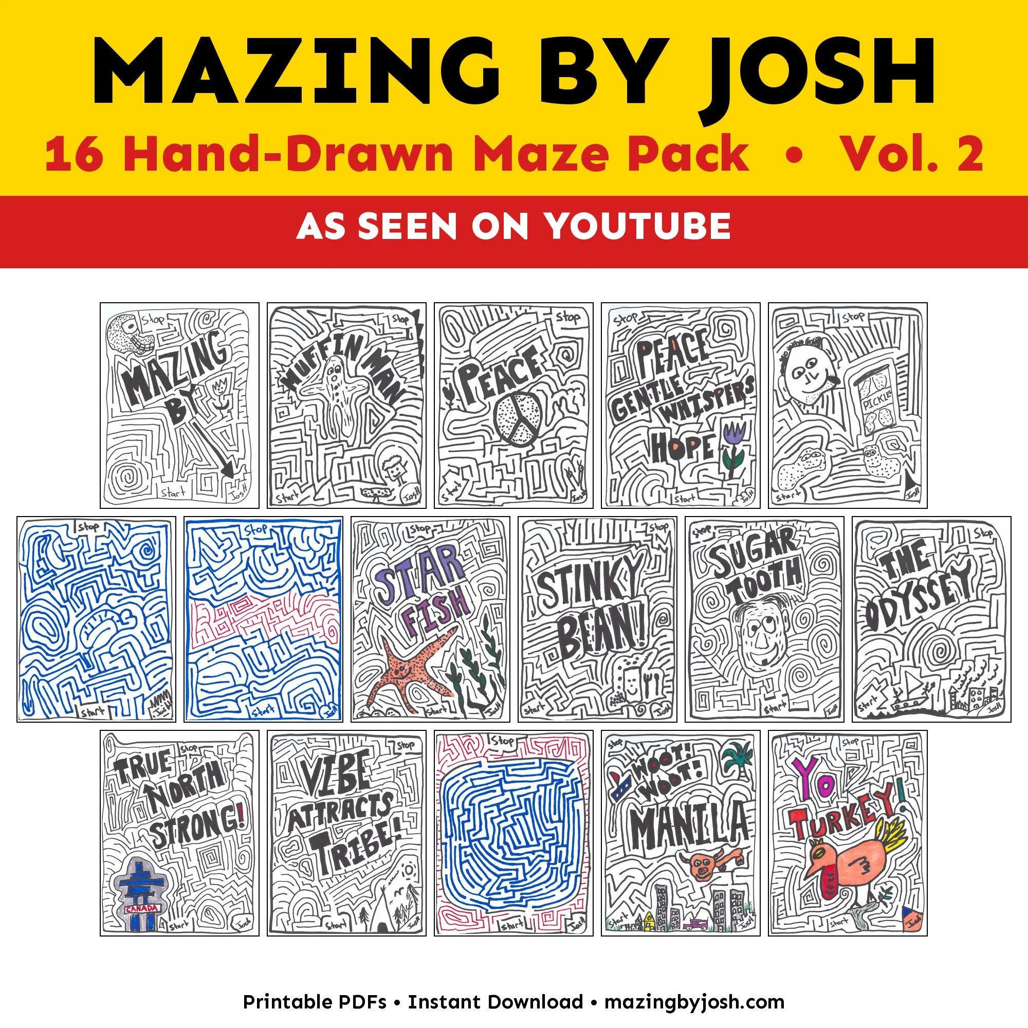 Hand-Drawn Maze Challenge Vol. 2 | 16 Printable PDF Puzzles for Kids & Adults
