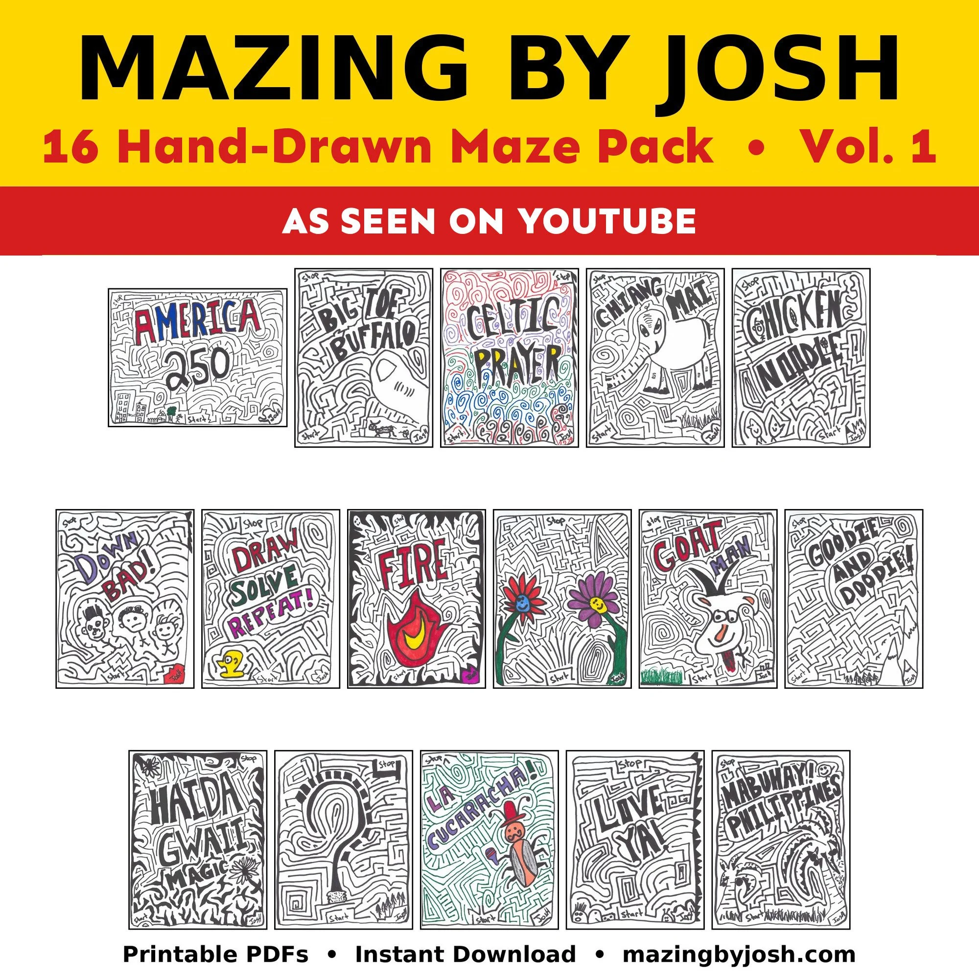 Hand-Drawn Maze Challenge Vol. 1 | 16 Printable PDF Puzzles for Kids & Adults