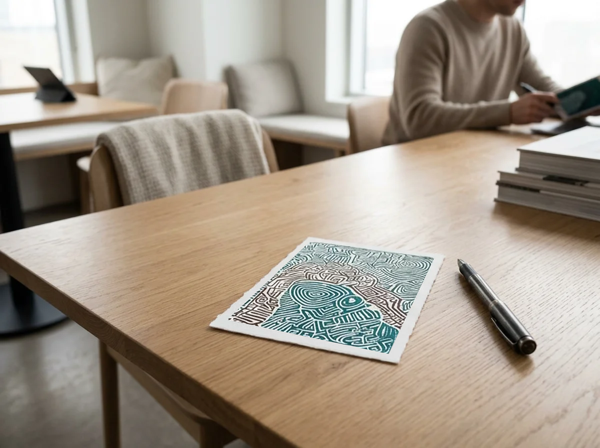 Hand-drawn maze postcard by Mazing By Josh on a wooden table