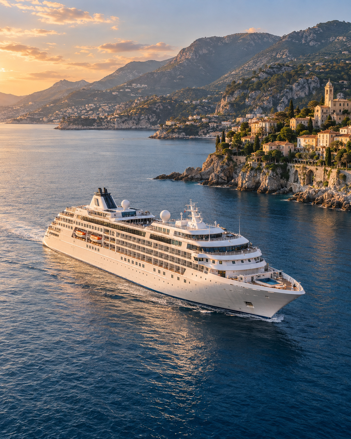 Luxury cruise ship sailing beside a mountainous Mediterranean coastline at sunset.