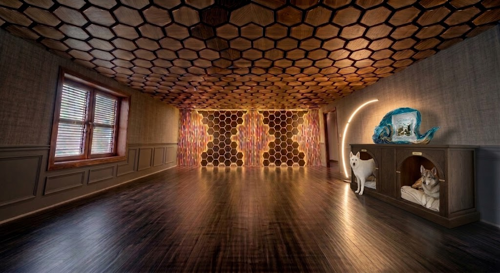 Room with honeycomb patterned ceiling and wall, wooden flooring, windows with blinds, decorative wall art, and two dogs resting in a wooden pet bed.