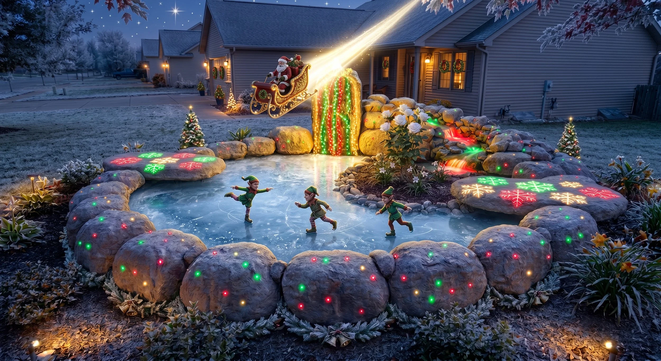 Lit outdoor Christmas scene with a pond surrounded by rocks decorated with colorful lights, three children in elf costumes skating on the pond, a house with holiday wreaths, and Santa in a sleigh being pulled by a glowing light beam.