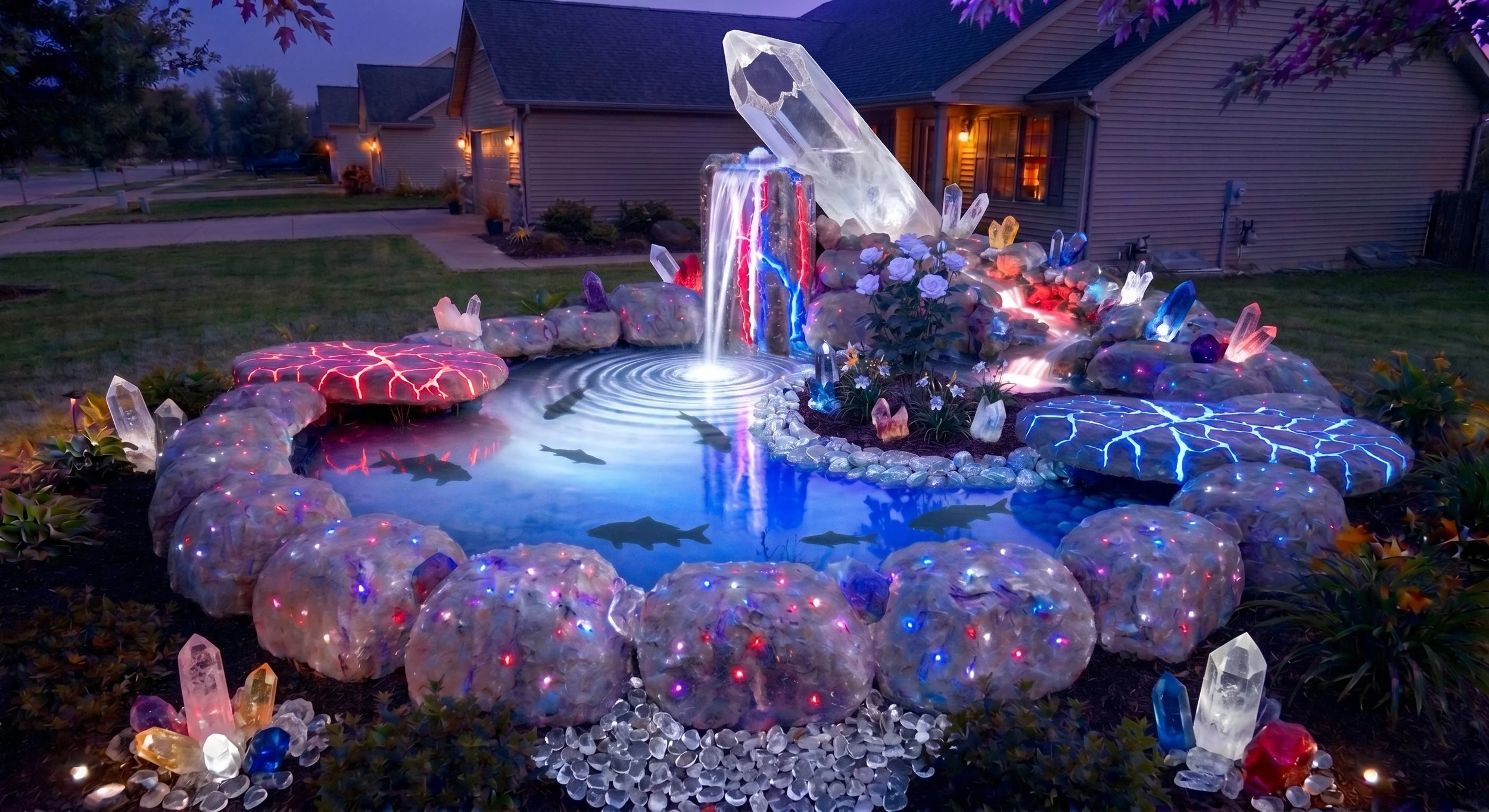 Nighttime scene of a backyard decorated with illuminated artificial crystals and rocks around a small pond with a waterfall feature. The crystals emit multicolored lights, creating a vibrant and mystical display.