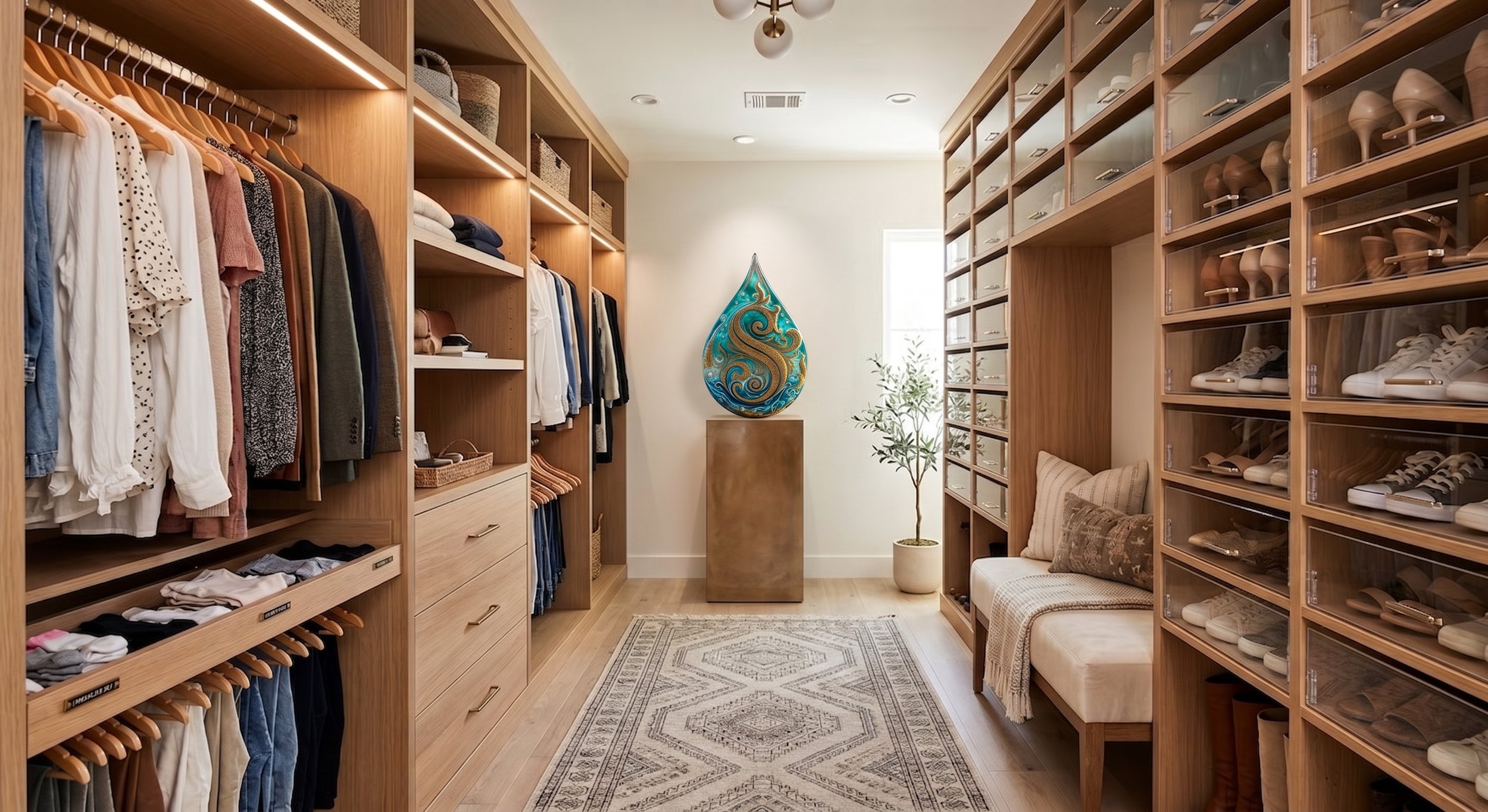 A walk-in closet with wooden shelving and drawers filled with clothing, shoes, and accessories. A small sofa and a decorative drop-shaped art piece on a pedestal are at the back, with a window and a potted plant nearby.