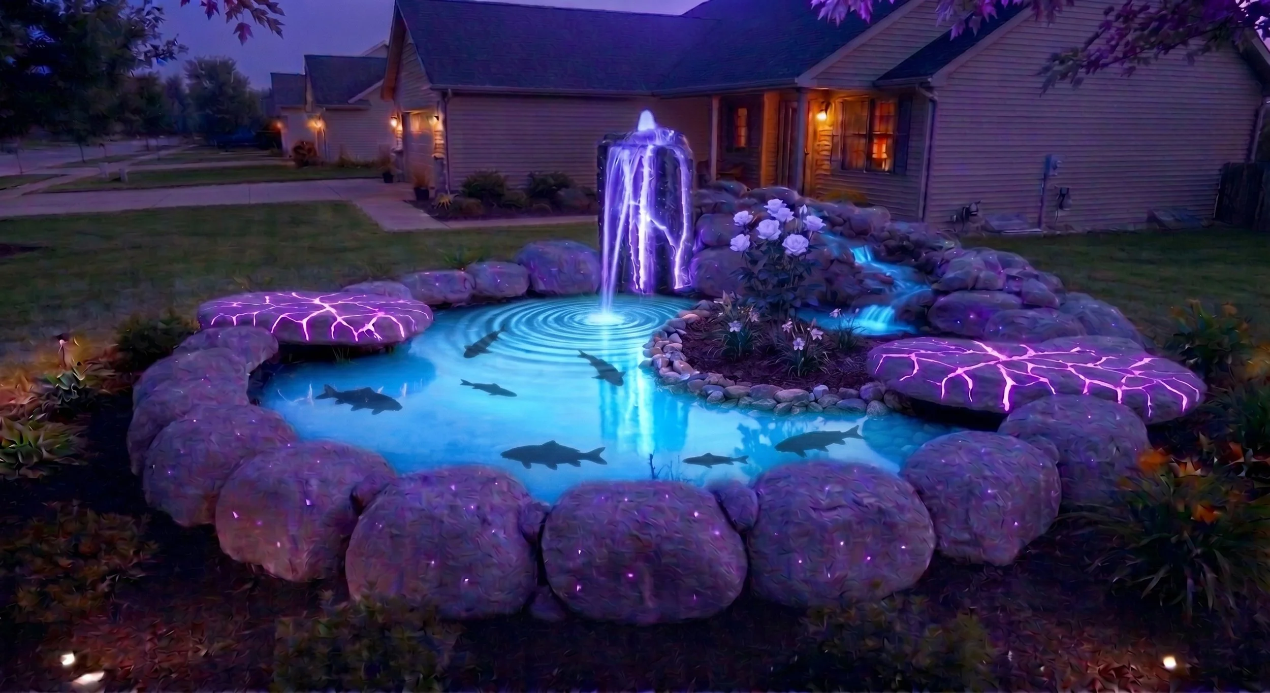 Nighttime backyard pond with electric blue waterfalls, illuminated purple mushrooms around its perimeter, and fish swimming in the water, with a house and trees in the background.
