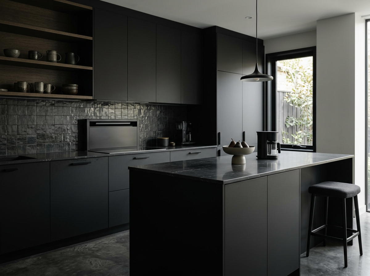 A modern kitchen with black cabinets, open shelves with cups, a black-tiled backsplash, a black kitchen island with a marble countertop, a bowl of pears, and a coffee maker by a window.