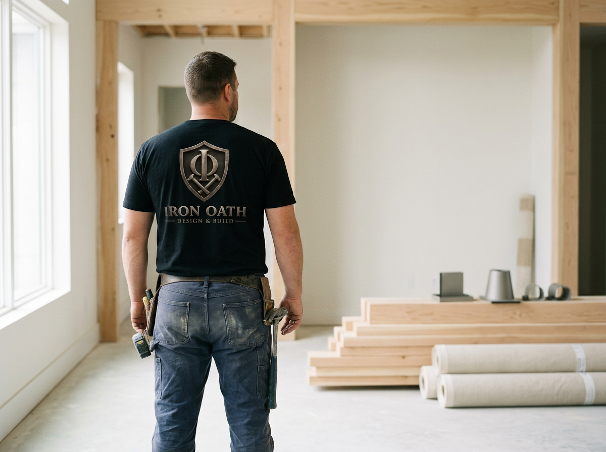 A construction worker standing inside a home under renovation, facing away from the camera, wearing a black T-shirt with a logo and the words 'Iron Oath Design & Build', with construction tools attached to his belt, observing the unfinished interior with wooden framing and construction materials on the floor.