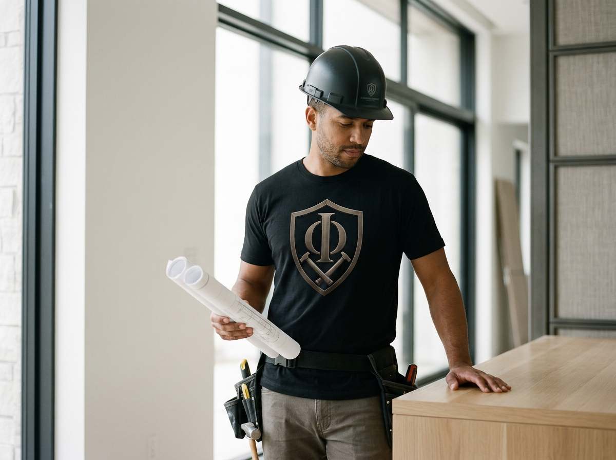 A man wearing a black helmet and black t-shirt with a shield emblem stands indoors looking down at a large piece of paper or plans. He has a tool belt with various tools around his waist and is resting his left hand on a wooden surface.