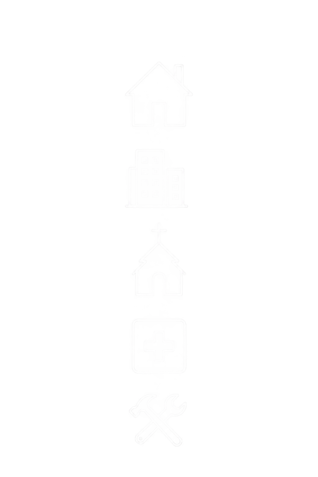Neon sign with icons representing house, buildings, medical cross, and tools, likely indicating real estate, healthcare, and maintenance services.