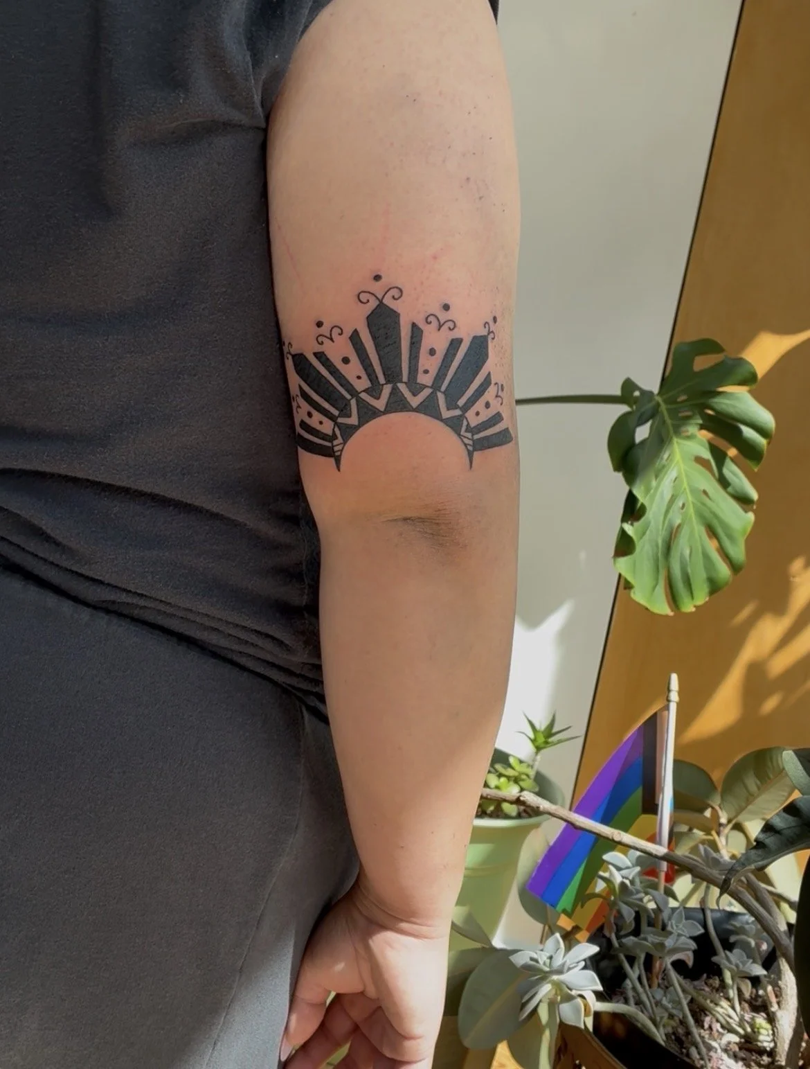 A person's upper arm with a black geometric and decorative tattoo, with plants and a rainbow flag in the background.