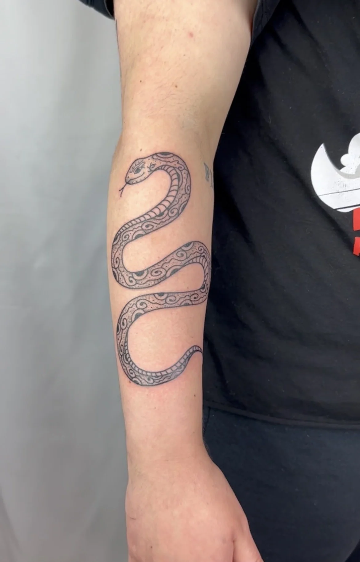 Tattoo of a snake on a person's forearm with intricate black and gray patterns and details.