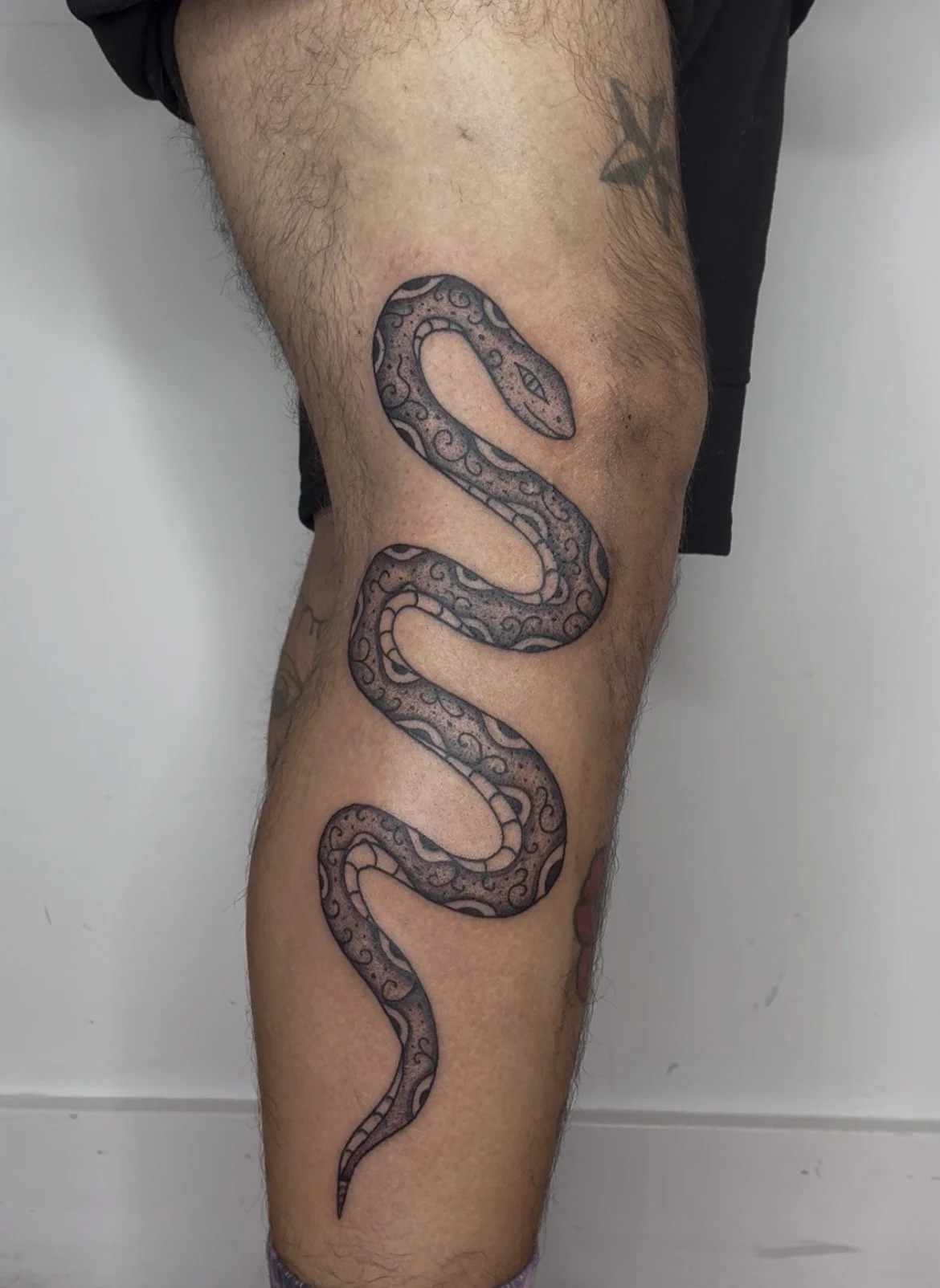 Tattoo of a snake is on a person's thigh.