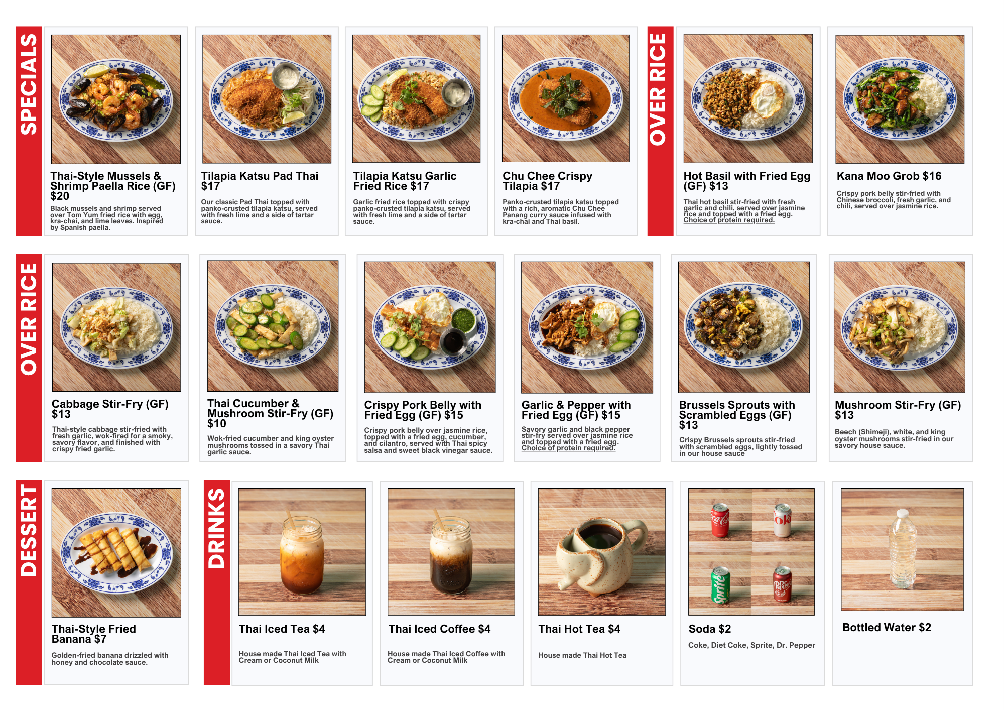 Thai restaurant menu featuring specialty dishes, rice bowls, desserts, and drinks with photos, descriptions, and prices