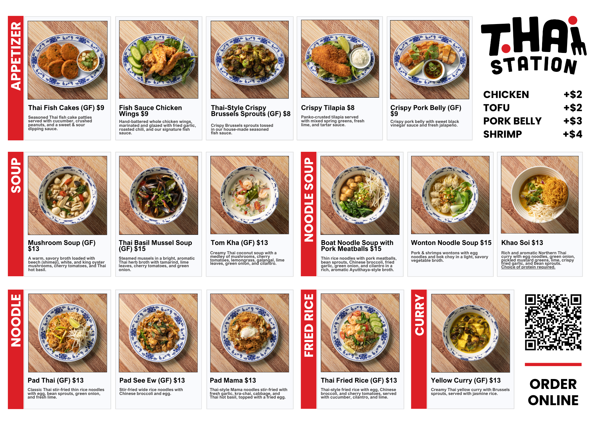 Thai Station restaurant menu featuring appetizers, soups, noodle dishes, fried rice, curry, prices, photos, add-on options, and an online ordering QR code.