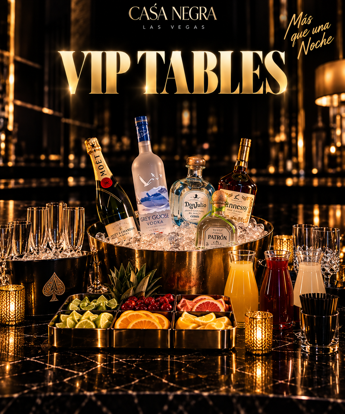 Luxury VIP tables setup in a nightclub with bottles of alcohol, fresh fruit, juice, and glasses, illuminated by warm candlelight in a glamorous Las Vegas setting.