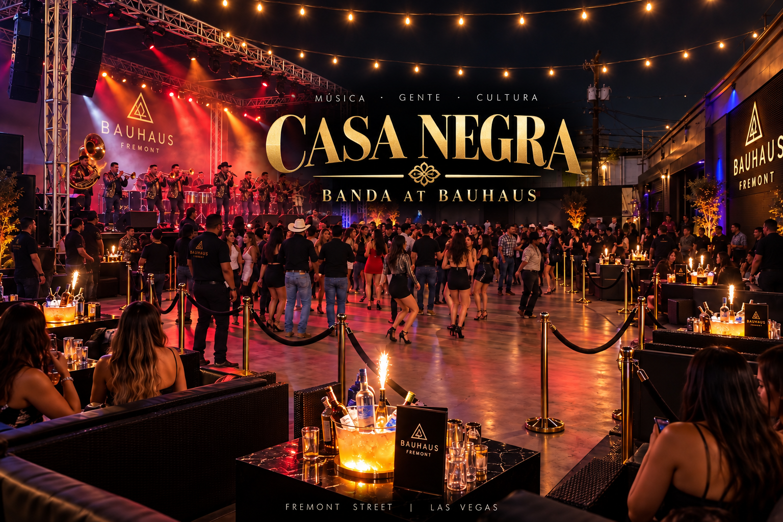 Nighttime scene of a lively event called Casa Negra with a large crowd dancing and socializing inside Bavaria Fremont venue in Las Vegas. There is a stage with a big band performing, and string lights hang overhead, creating a festive atmosphere. Tables with drinks are set up along the sides, and some guests are seated while others dance on the floor.