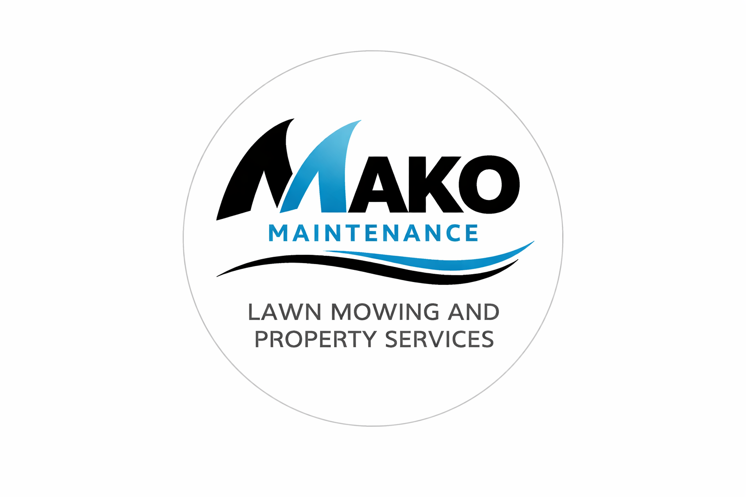 Logo for AKO Maintenance, a business that offers lawn mowing and property services. The logo features blue and black stylized waves and a black swoosh below the business name.
