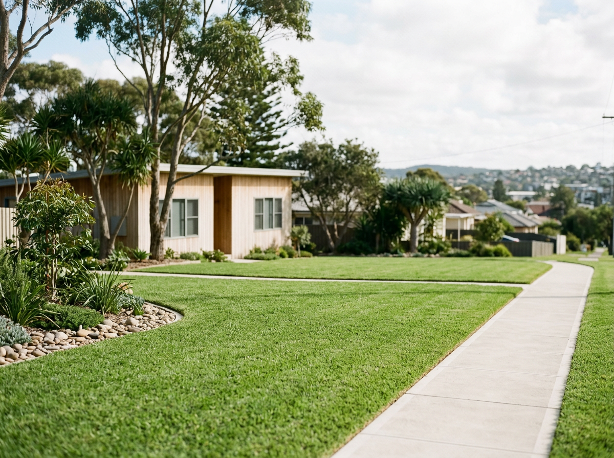 A suburban scene with a well-maintained grassy lawn, a concrete sidewalk, trees, and a modern wooden house in the background, with hills and houses in the distance.