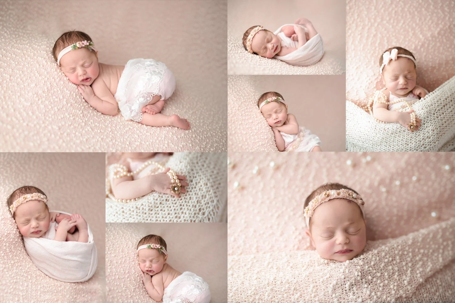 Collage of softly styled newborn portraits featuring a sleeping baby in pink, cream, and neutral wraps.