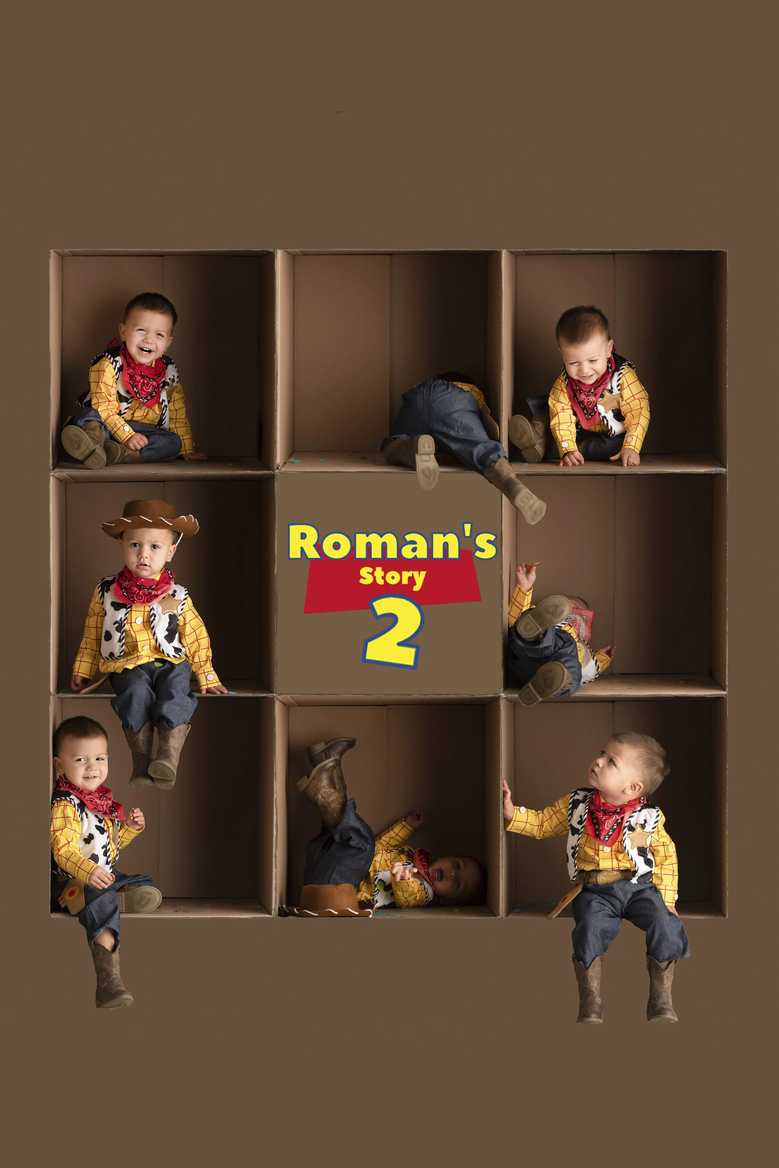 Young boy in a Toy Story inspired costume featured in a custom In the Box portrait collage.