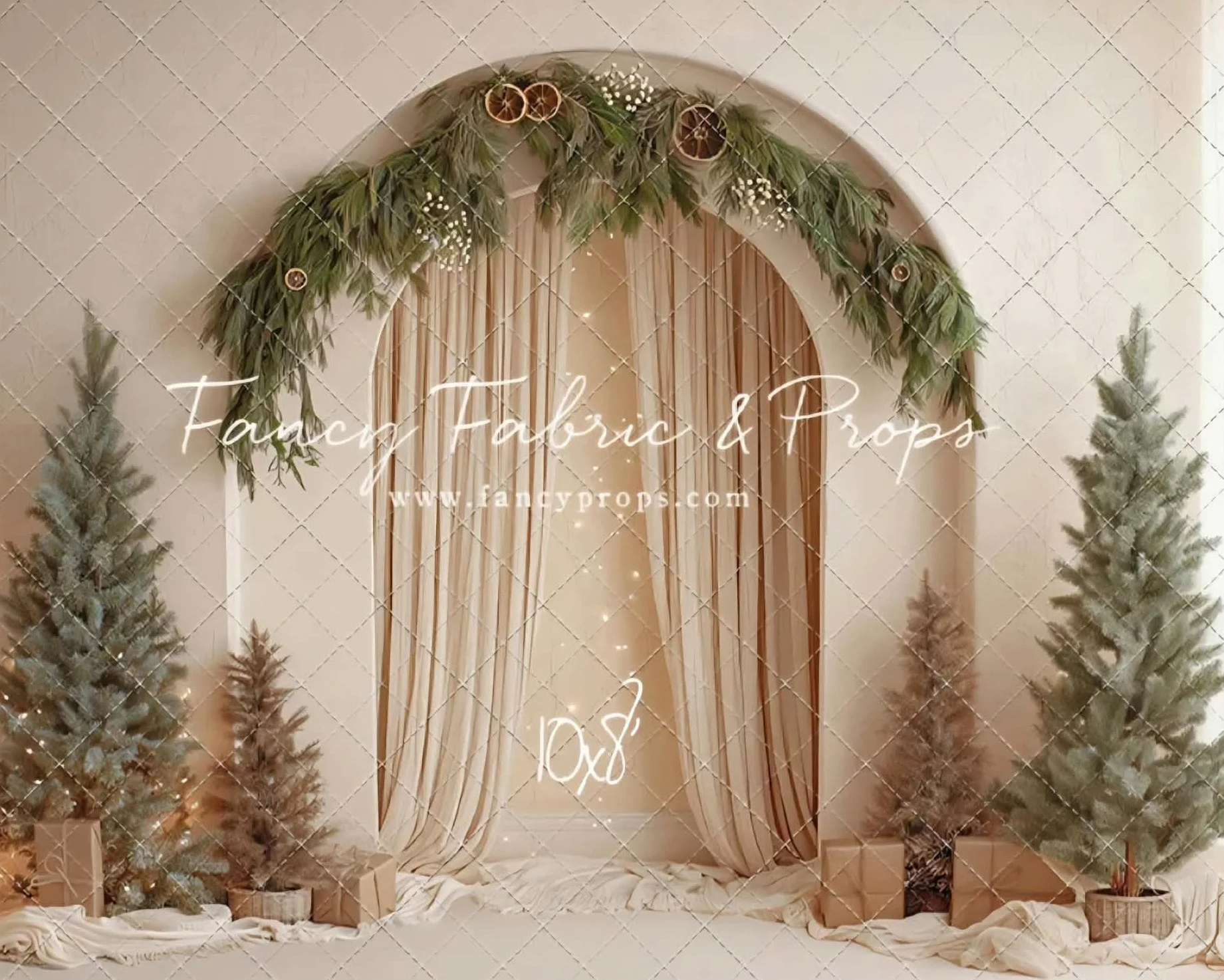 Ivory Dreams holiday photography set featuring soft ivory draping, greenery, and neutral Christmas décor.