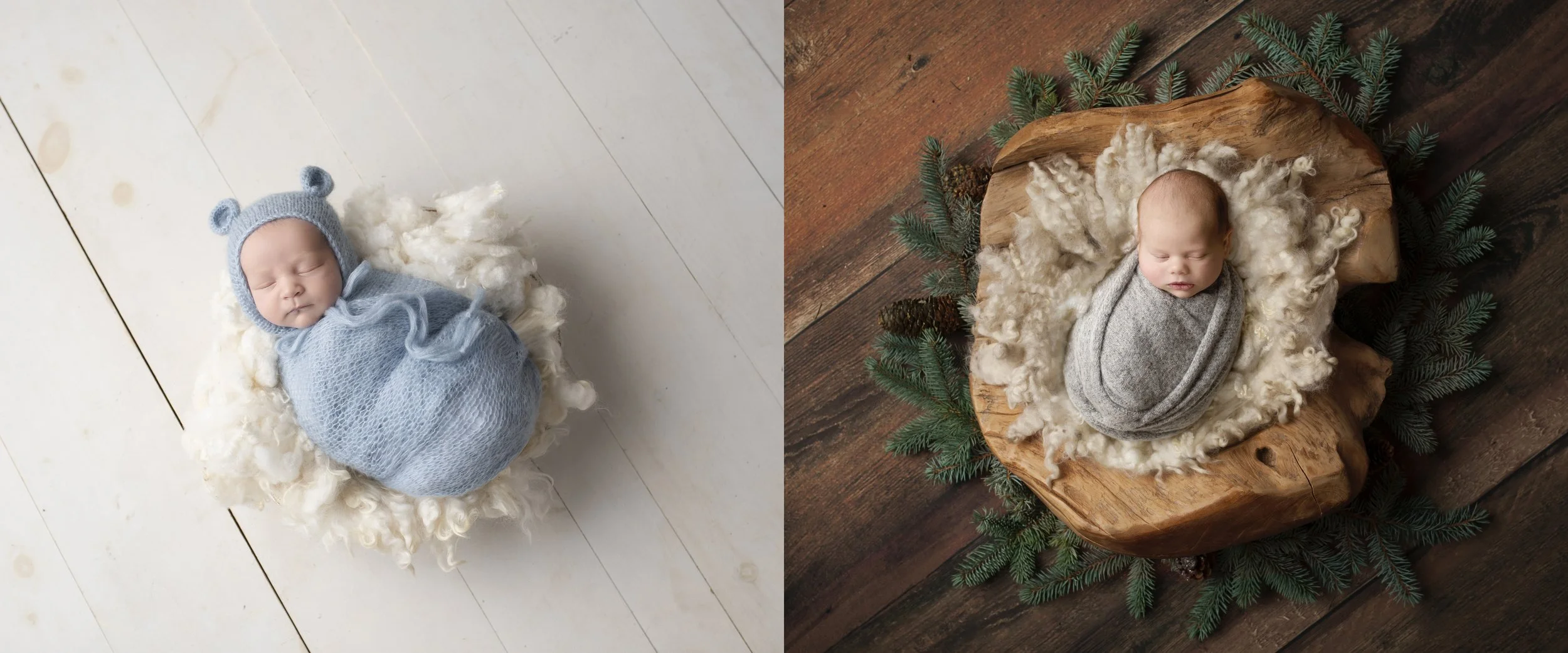 Two newborn portraits comparing a soft light style with a rich and moody newborn photography style.
