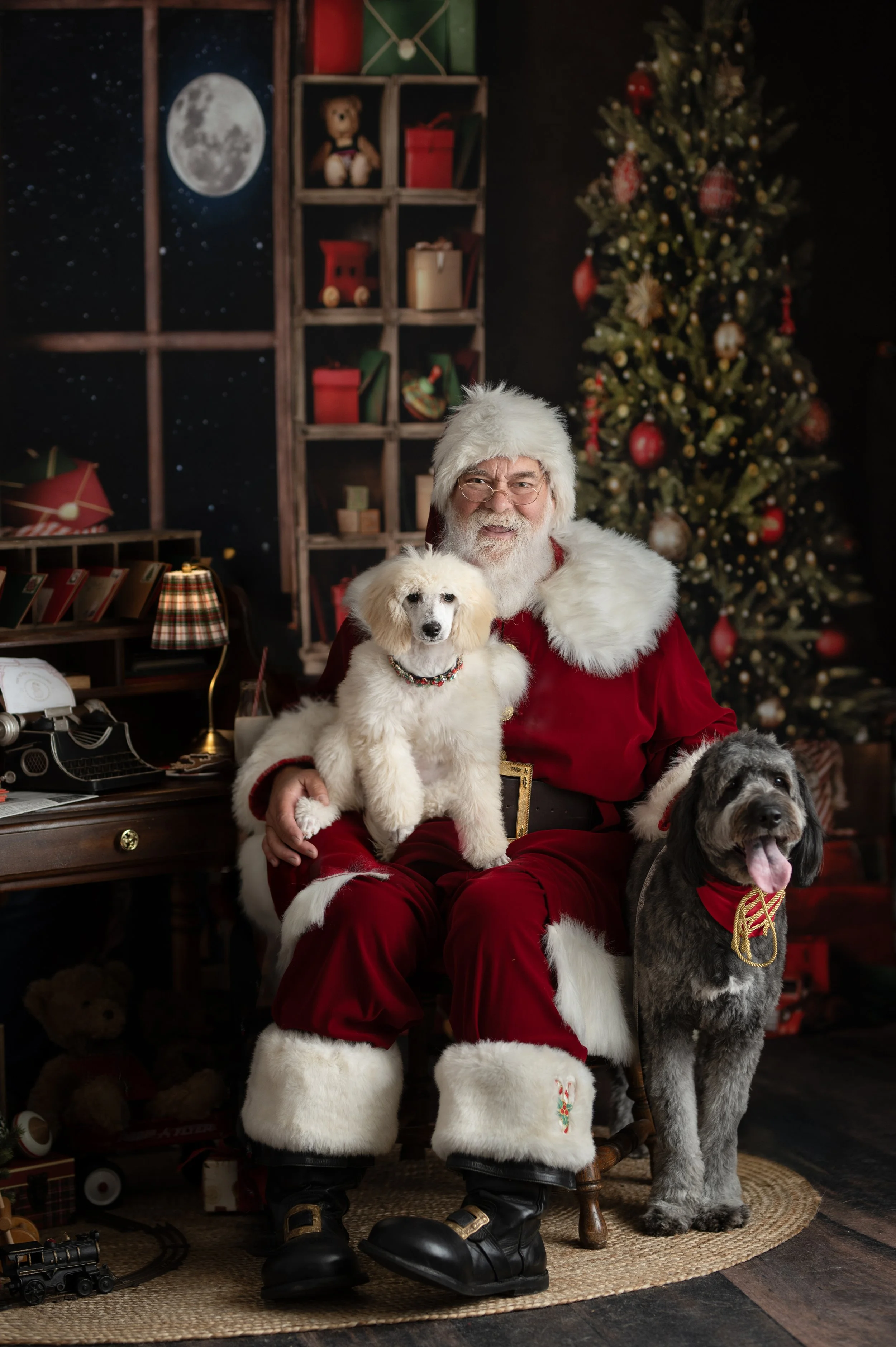 Santa posing with two dogs in a traditional Christmas photography set.